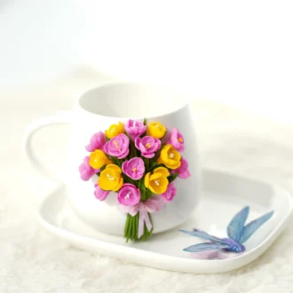 Set ceașcă ceramică decorată cu frezii și libelulă
